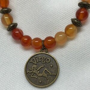 Carnelian Virgo bracelet. Natural gemstones with bronze zodiac charm